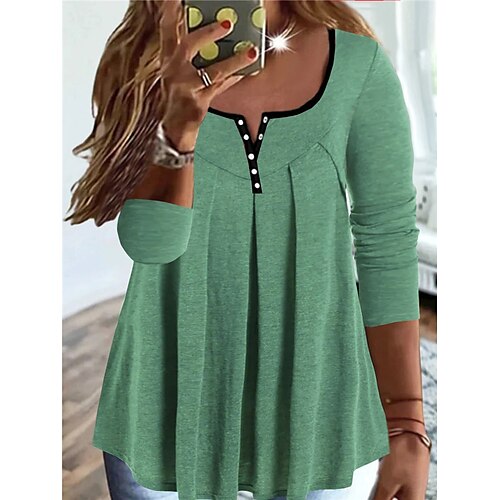 

Women's Plus Size Tops Tunic Shirts Plain Button Long Sleeve Casual Daily Going out Polyester Winter Fall Green Blue