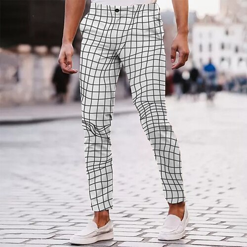 

Men's Chinos Trousers Jogger Pants Plaid Dress Pants Pocket 3D Print Plaid Graphic Prints Tartan Comfort Soft Office Business Basic Fashion Black / White White
