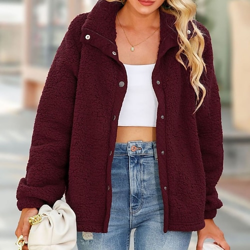 

Women's Teddy Coat Warm Breathable Outdoor Daily Wear Vacation Going out Button Pocket Single Breasted Turndown Active Casual Comfortable Street Style Solid Color Regular Fit Outerwear Long Sleeve