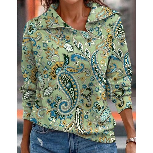 

Women's Sweatshirt Pullover Basic Zipper Green Blue Yellow Graphic Paisley Street V Neck Long Sleeve S M L XL 2XL 3XL