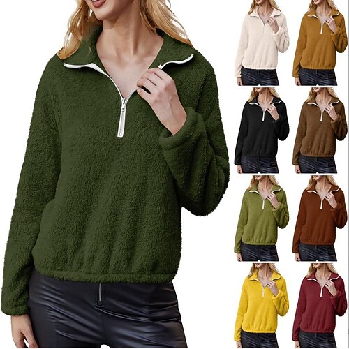 

Women's Hoodie Zipper Solid Color Basic Shirt Collar Thick Fall claret Coffee White Black