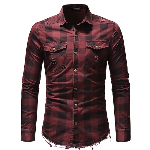 

Men's Dress Shirt Plaid Shirt Demin Shirt Plaid / Check Turndown Wine Army Green Beige Daily Holiday Long Sleeve Button-Down Clothing Apparel Denim Fashion Streetwear Casual