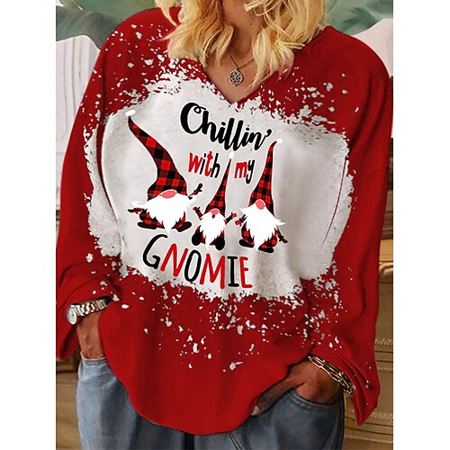 

Women's Plus Size Christmas Tops T shirt Tee Letter Santa Claus Print Long Sleeve V Neck Casual Daily Polyester Winter Fall Green Wine