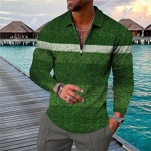 

Men's Collar Polo Shirt World Cup 2022 Golf Shirt Sports Turndown Green 3D Print Outdoor Sports Long Sleeve Zipper Print Clothing Apparel Fashion Designer Casual Breathable