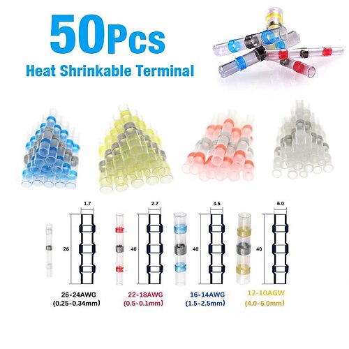 

50pcs Solder Seal Wire Connector Sopoby Solder Seal Heat Shrink Butt Connectors Terminals Electrical Waterproof Insulated Marine Automotive Copper(23Red 12Blue 10White 5Yellow)