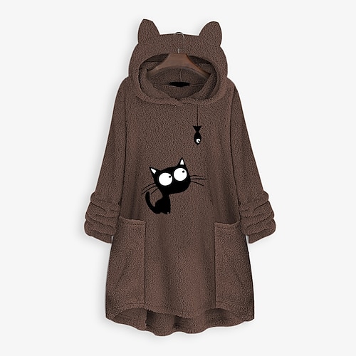 

Women's Hoodie Sweatshirt Pullover Sherpa Fleece Teddy Pocket Navy Blue Coffee Black Cat Street Hoodie Long Sleeve Fleece M L XL 2XL 3XL
