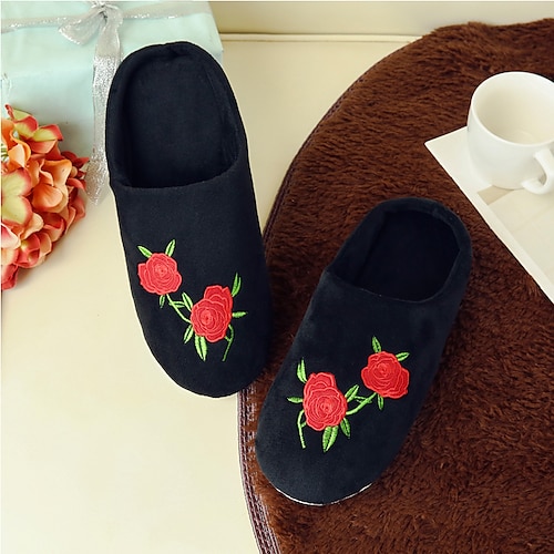 

Women's Slippers Home House Slippers Warm Slippers Fleece Slippers Winter Flat Heel Round Toe Casual Satin Loafer Embroidered Black Green Beige