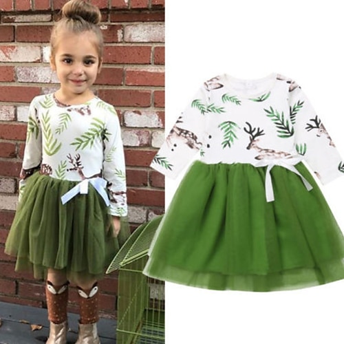 

Kids Girls' Dress Leaves Deer Long Sleeve Vacation Beautiful Sweet Cotton Above Knee A Line Dress Fall Winter 2-6 Years Green