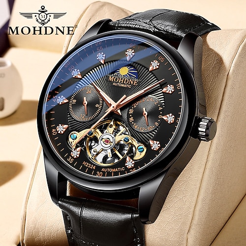 

MOHDNE Mechanical Watch for Men Analog Automatic self-winding Classic Stylish Modern Style Waterproof Fake Three Eyes Six Needles Noctilucent Stainless Steel Leather Fashion Machine