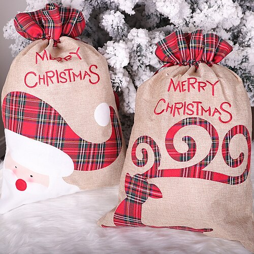 

Santa Claus Little Deer Christmas Linen Gift Bag Drawstring Ribbon Candy Bag Christmas Decorative Apple Bag