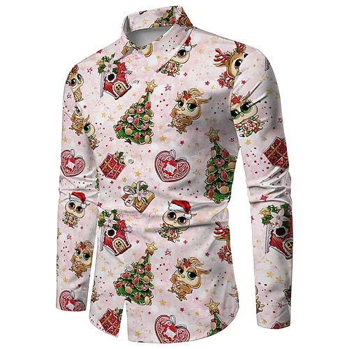 

Men's Shirt Cartoon Tree Turndown Pink 3D Print Outdoor Christmas Long Sleeve Button-Down Print Clothing Apparel Fashion Designer Casual Breathable