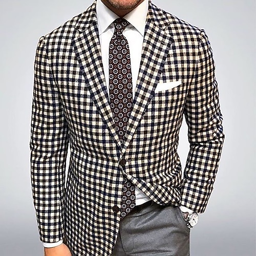 

Men's Fashion Party Blazer Regular Tailored Fit Checkered Single Breasted Two-buttons Brown 2022 / Winter