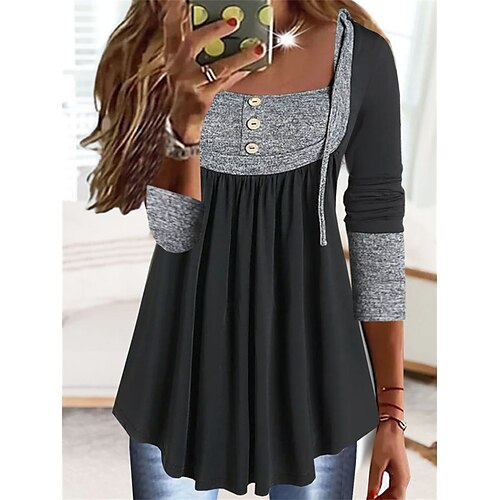 

Women's Shirt Green Blue Red Color Block Button Flowing tunic Long Sleeve Casual Basic Square Neck Regular S