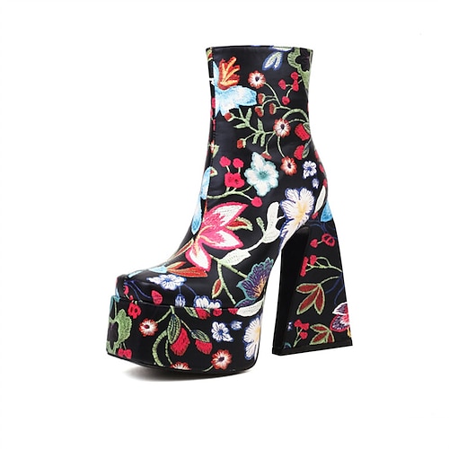 

Women's Boots Daily Heel Boots Booties Ankle Boots Winter Block Heel Square Toe Sweet Synthetics Zipper Floral Black Yellow Blue