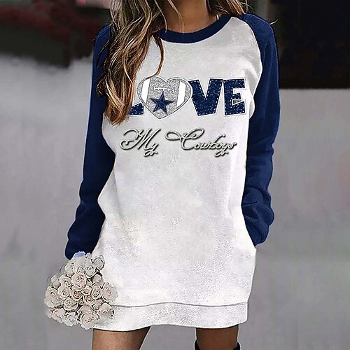 

Women's Hoodie Dress Basic Pocket Blue Beige White Graphic Dallas Cowboys Street Round Neck Long Sleeve S M L XL 2XL 3XL