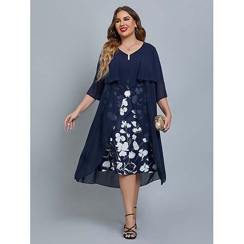 

Women's Plus Size Curve Party Dress Floral V Neck Mesh 3/4 Length Sleeve Fall Spring Elegant Midi Dress Party Date Dress / Layered / Print