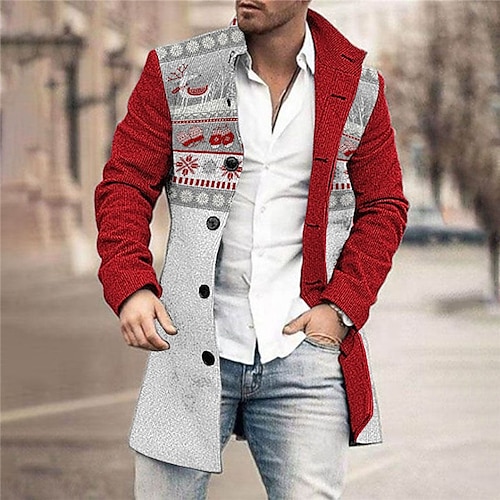 

Men's Coat With Pockets Christmas Vacation Going out Single Breasted Turndown Streetwear Casual Comfort Jacket Outerwear Elk Snowflake Front Pocket Button-Down Print Red