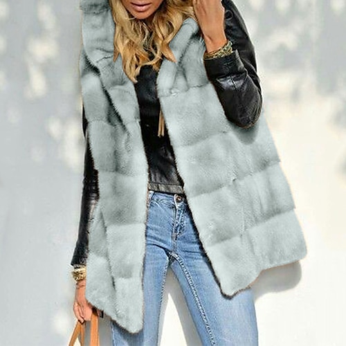 

Women's Vest Faux Leather Jacket Warm Breathable Outdoor Daily Wear Vacation Going out Faux Fur Trim Open Front Hoodie Casual Lady Comfortable Solid Color Regular Fit Outerwear Long Sleeve Winter Fall