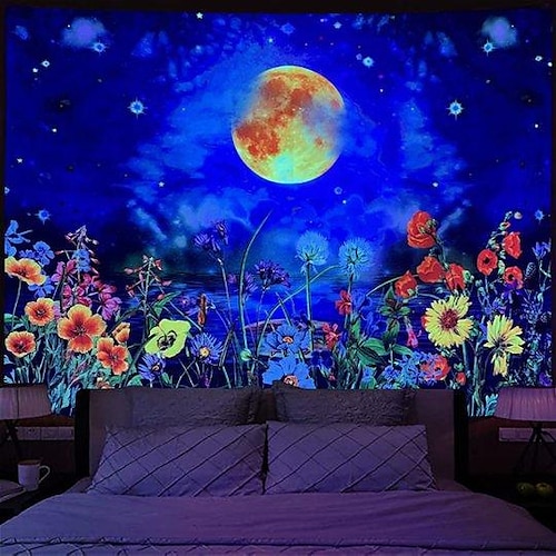 

Floral Blacklight UV Reactive Wall Tapestry Art Decor Blanket Curtain Picnic Tablecloth Hanging Home Bedroom Living Room Dorm Decoration Polyester