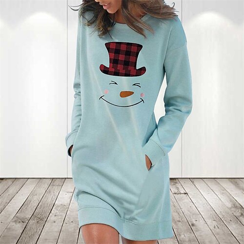 

Women's Hoodie Dress Winter Dress Light Blue Grey White Long Sleeve Christmas hat Pocket Print Winter Fall Crew Neck Stylish Casual Christmas 2022 S M L XL 2XL / Cotton