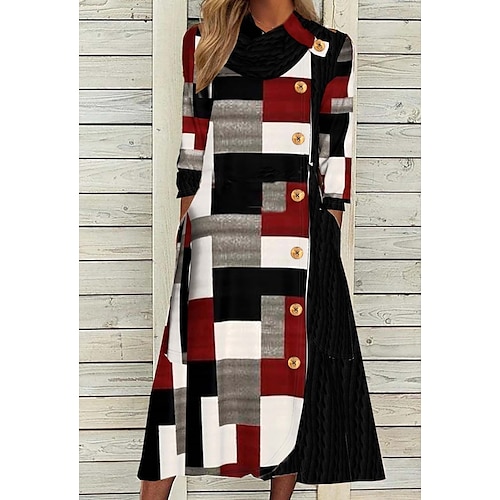 

Women's Swing Dress Print Dress Midi Dress Black Long Sleeve Color Block Patchwork Winter Fall Stand Collar Stylish Modern Fall Dress 2022 S M L XL 2XL 3XL / Winter Dress