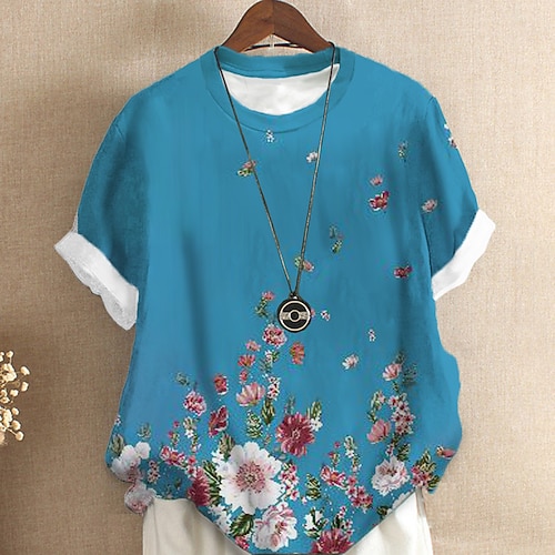 

Women's Plus Size Tops T shirt Tee Floral Print Short Sleeve Crewneck Streetwear Daily Sports Cotton Spandex Jersey Spring Summer Green Blue