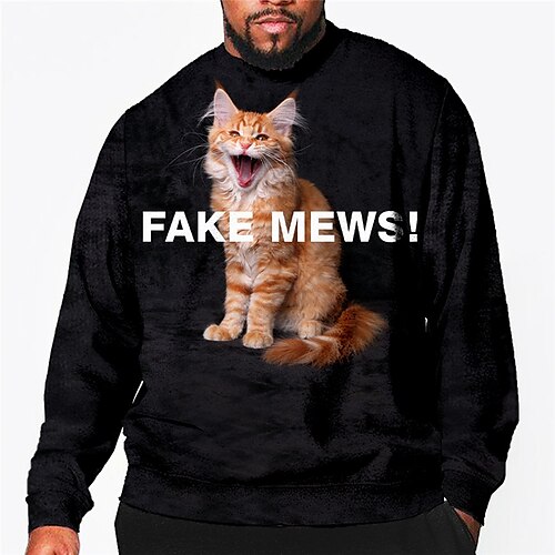 

Men's Plus Size Pullover Sweatshirt Big and Tall Graphic Crew Neck Long Sleeve Spring & Fall Basic Fashion Streetwear Comfortable Casual Sports Tops / Cat