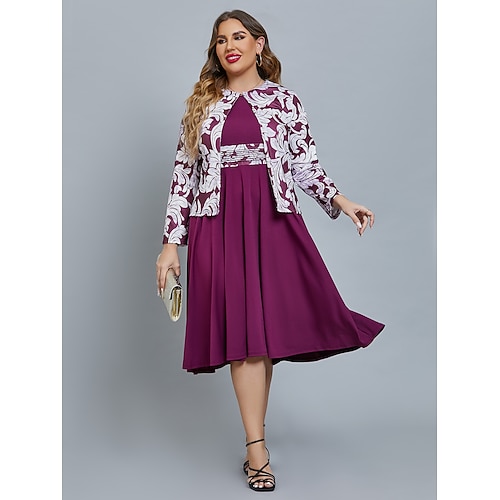 

Women's Plus Size Curve Party Dress Floral Crew Neck Long Sleeve Winter Fall Elegant Midi Dress Formal Party Dress / Slim