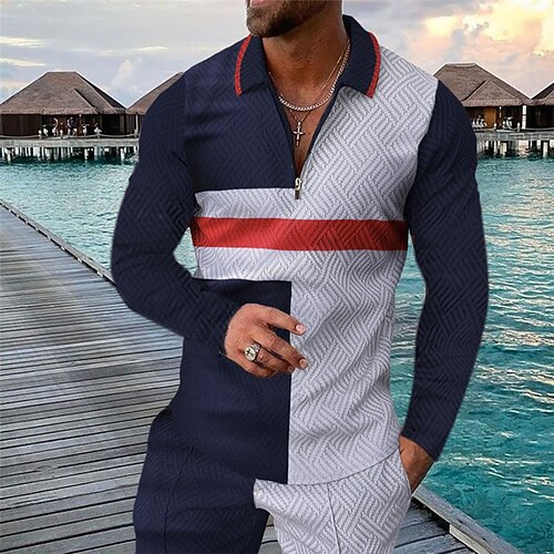

Men's Collar Polo Shirt Golf Shirt Geometry Turndown Navy Blue 3D Print Street Casual Long Sleeve Zipper Print Clothing Apparel Fashion Designer Casual Breathable