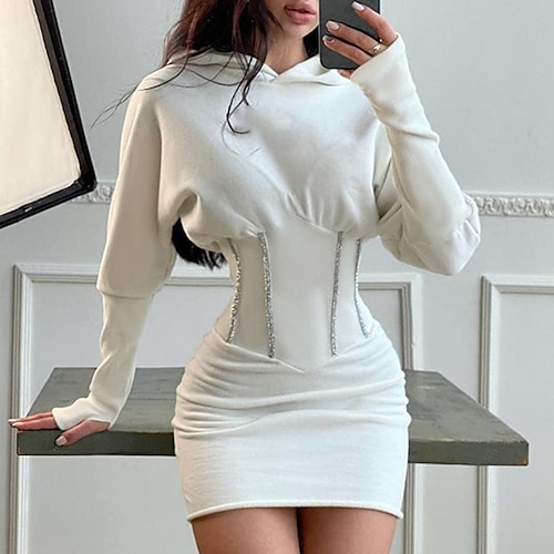 

Women's Hoodie Dress Winter Dress Black Pink White Long Sleeve Pure Color Patchwork Winter Fall Hooded Stylish Casual Fall Dress Flare Cuff Sleeve Loose Fit 2022 S M L