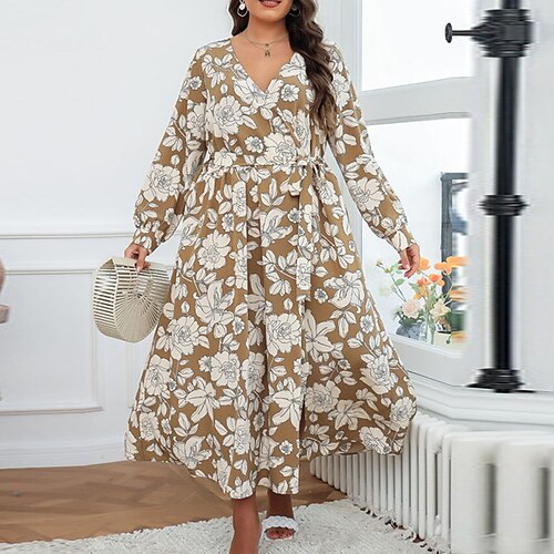 

Women's Plus Size A Line Dress Floral V Neck Long Sleeve Winter Fall Stylish Elegant Casual Maxi long Dress Daily Vacation Dress