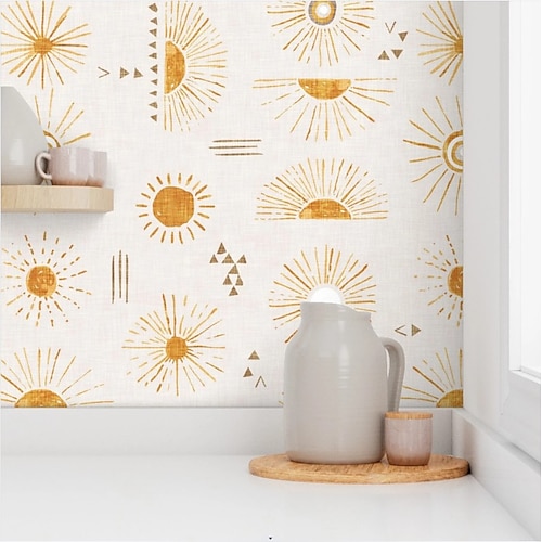 

Sun Wallpaper Beige Yellow Bright Summer Bohemian Peel and Stick Wallpaper Removable Pvc/Vinyl Self Adhesive 17.7''x118''in(45cmx300cm)/45x300cm for Home Deco