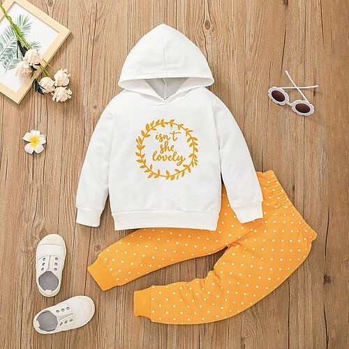 

2 Stück kinderkleidung Mädchen Kapuzenpulli Hose Kleidungsset Outfit Punkt Buchstabe Langarm Baumwolle Set Urlaub Kuschelig Süß Winter Herbst 2-6 Jahre Gelb