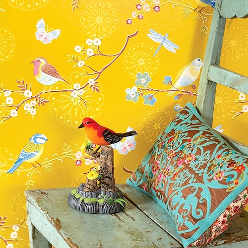 

American wallpaper pastoral flowers and birds small fresh floral wallpaper yellow simple modern living room background wall bedroom