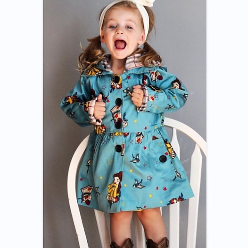 

Kids Girls' Trench Coat Long Sleeve Blue Pink Cartoon Ruched Winter Fall Adorable School 3-7 Years