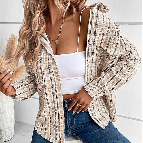 

Women's Winter Coat Warm Breathable Outdoor Daily Wear Vacation Going out Pocket Print Single Breasted Turndown Lady Comfortable Street Style Shacket Plaid Regular Fit Outerwear Long Sleeve Winter