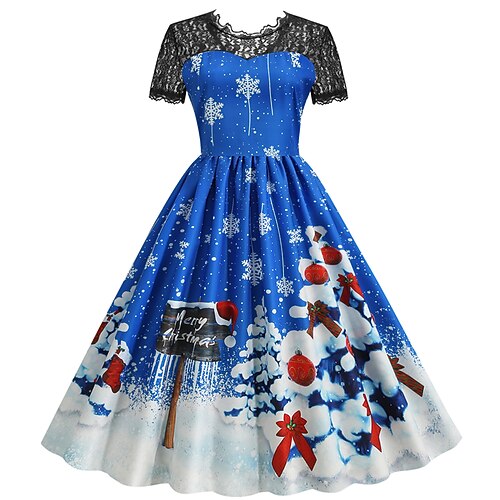

Women's Christmas Casual Dress Swing Dress Midi Dress Blue Purple Red Short Sleeve Tree Lace Print Winter Fall Crew Neck Vacation Vintage 2022 S M L XL XXL 3XL