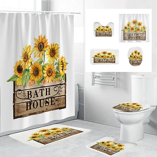 

Fabric shower curtain bathroom decoration four-piece set and modern and floral plant patterns.