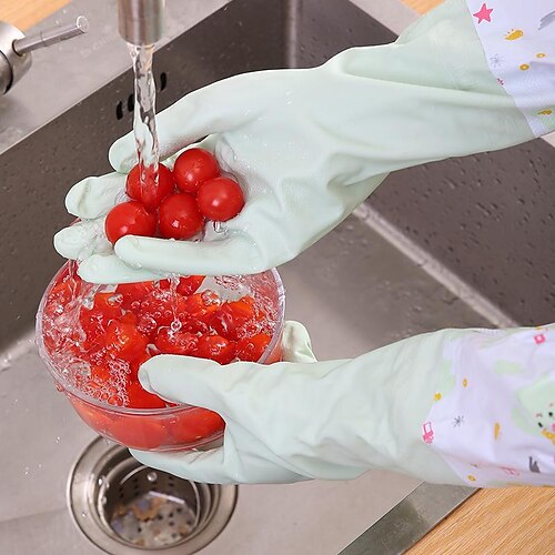 

Fleece Dishwashing Gloves Cartoon Rabbit Thickened Rubber Waterproof Cleaning Gloves Long Wide Mouth Autumn And Winter Housework Gloves