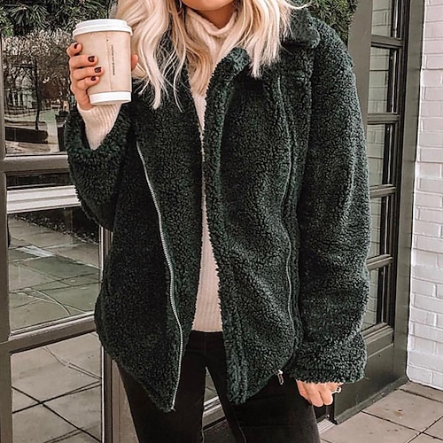 

Women's Teddy Coat Warm Breathable Going out Casual Daily Park Zipper Pocket Zipper Turndown Active Fashion Comfortable Street Style Solid Color Regular Fit Outerwear Long Sleeve Winter Fall Dark