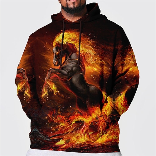

Men's Plus Size Pullover Hoodie Sweatshirt Big and Tall Horse Hooded Long Sleeve Spring & Fall Basic Fashion Streetwear Comfortable Daily Wear Vacation Tops