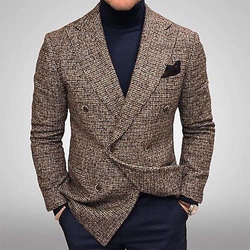 

Men's Fashion Casual Blazer Regular Tailored Fit Checkered Double Breasted Six-buttons Brown Grey 2022 / Winter
