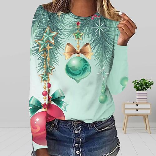 

Women's T shirt Tee Green Blue Purple Butterfly Santa Claus Print Long Sleeve Christmas Weekend Basic Christmas Round Neck Regular Butterfly Painting S