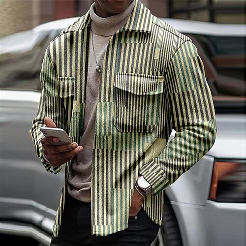 

Men's Coat With Pockets Daily Wear Vacation Going out Single Breasted Turndown Streetwear Casual Daily Outdoor Jacket Outerwear Stripes Print Green