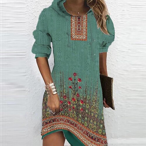 

Women's Hoodie Dress Winter Dress Green Long Sleeve Floral Print Winter Fall Hooded Vacation Casual Fall Dress 2022 S M L XL XXL 3XL