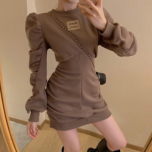 

Femme Robe Sweat manche longue Hiver Automne Ruché Couleur monochrome Col Ras du Cou Fin de semaine robe automne Mince 2022 Noir Marron S M L XL XXL