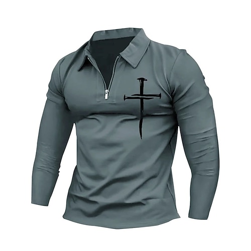 

Men's Collar Polo Shirt Golf Shirt Cross Turndown Black Blue Wine Khaki Light Blue 3D Print Outdoor Street Long Sleeve Zipper Print Clothing Apparel Fashion Designer Casual Breathable