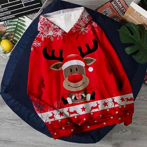 

Kids Boys Ugly Christmas Hoodie Pullover Graphic Deer Long Sleeve Pocket Children Top Outdoor Hoodie Fashion Cute Red Winter 7-13 Years