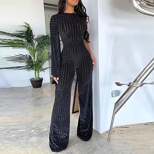 

Women's Jumpsuit High Waist Solid Color Crew Neck Elegant Party Bar Regular Fit Long Sleeve Black S M L Winter