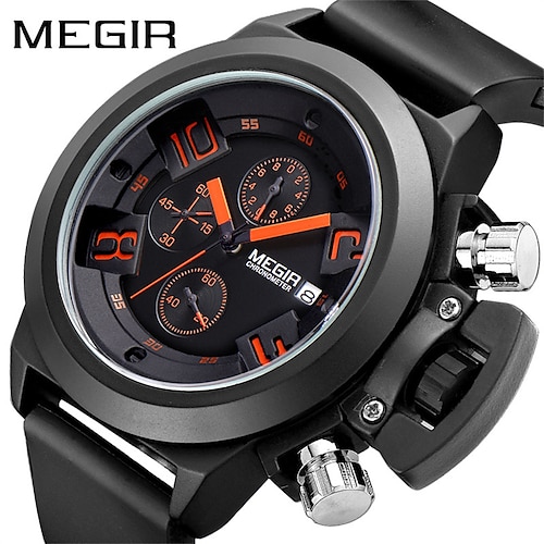 

MEGIR Men's Casual Quartz Watch 3D Engraved Dial Black Silicone watches men Waterproof Military Sport Watch